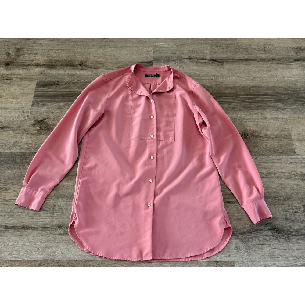 Lauren Ralph Lauren Pink Mandarin Collar Button Down Tunic Blouse Womens Small